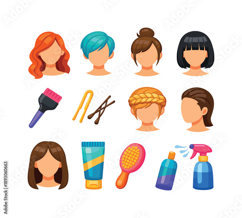 Colorful Hairstyle Icons. Hairstyle inspirations. Colorful flat vector icons set of Hairstyle inspirations: long waves, pixie cut, top knot, fringe bangs,
