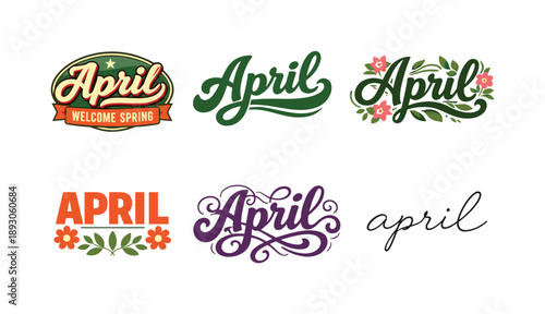 April Lettering Variations. April Badge. Set lettering. harmonious lettering variations of the same emblematic concept, each with different artistic