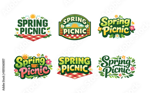 Spring Picnic Lettering. Fresh spring picnic mood. Set lettering. harmonious lettering variations of the same emblematic concept, each with different artistic