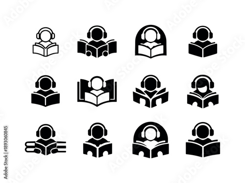 Study Area Icons. Students studying in quiet study areas. Icon set. Set Logo of Students studying in quiet study areas: books and headphones symbol. harmonious