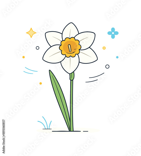Daffodil Serenity. Daffodil illustration. Single daffodil flower with soft petals and a slender stem, standing calmly in a clean, airy composition. Gentle