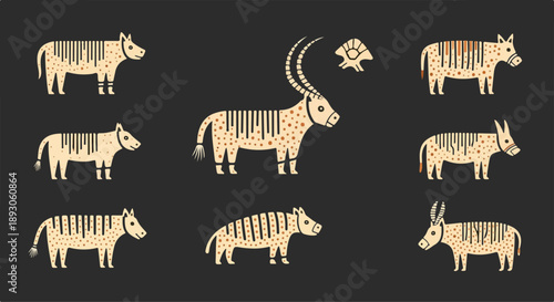 Collection of eight beige animal silhouettes with zebra-like stripes on a black background.