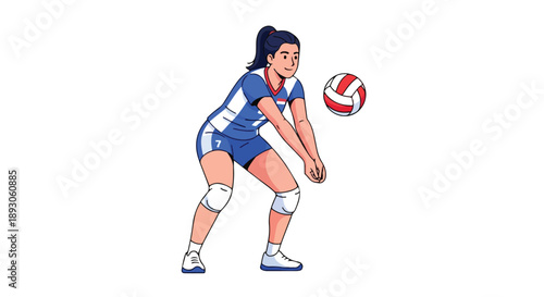 Illustration of a female volleyball player in a blue uniform preparing to serve the ball on a white background.