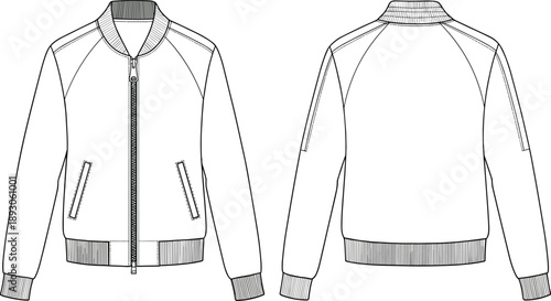 cad drawing flat vector illustration, bomber jacket front back view, fashion technical sketch outerwear template with ribbed collar and cuffs