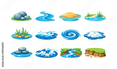 Colorful River Icons. River elements. Colorful flat vector icons set of river elements: river rock, water stream, sandbar, shallow edge, underwater plant, fast