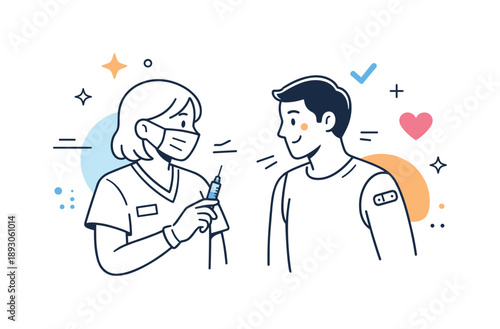 Post-Vaccine Relief. Vaccination moment completed. Patient and healthcare worker exchanging a small nod or smile after vaccination, relief and positive outcome