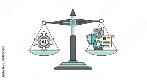 Illustration of a balance scale with AI and human elements on each side against a white background.