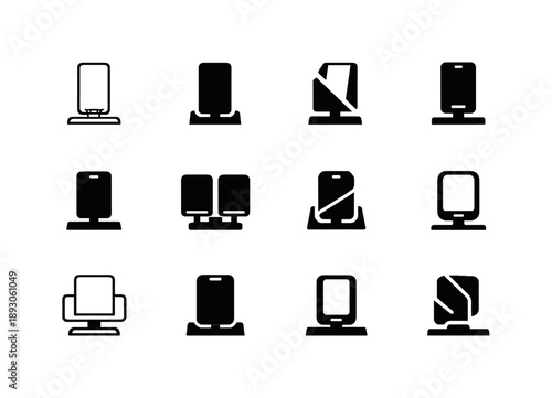 Tech Gadget Icons. Tech gadget display. Icon set. Set Logo of Tech gadget display: smart devices on stand. harmonious logo variations of the same emblematic