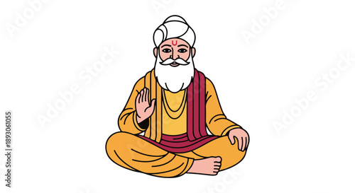 Illustration of a serene old man sitting in lotus position with hand raised on a white background with warm tones.