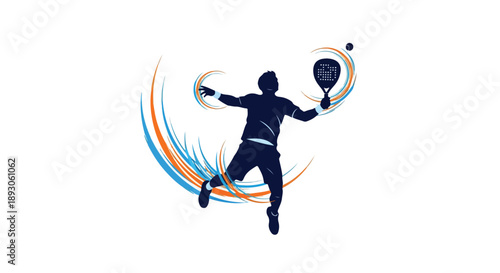 Silhouette of a tennis player in motion, swinging a racket with dynamic lines on a white background.
