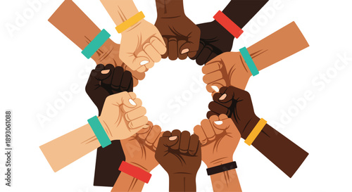 Diverse group of people joining fists in solidarity, with colorful bracelets, on a white background.