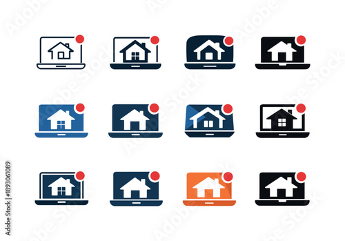 Vlog Recording Icons. Recording a vlog at home. Icon set. Set Logo of Recording a vlog at home: laptop with recording symbol. harmonious logo variations of the