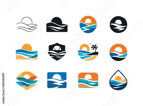 Coastal Logo Variations. Beach landscapes and coastal beauty. Icon set. Set Logo of Beach landscapes and coastal beauty: shoreline with gentle waves.