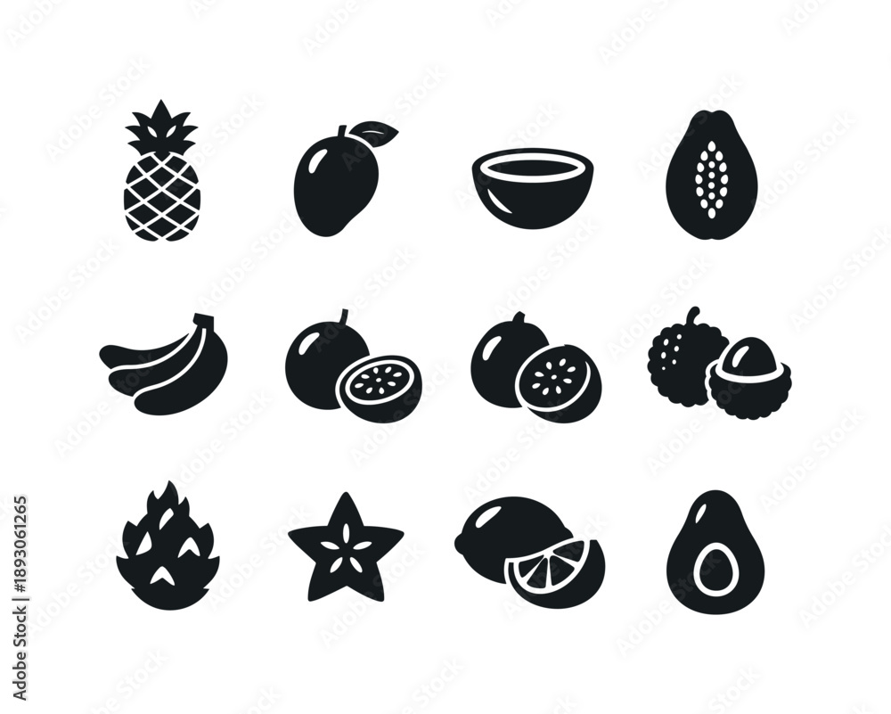 Fototapeta premium Tropical Fruit Icons. Tropical Fruits. Solid icon set of Tropical Fruits: pineapple, mango, coconut half, papaya, banana, passion fruit, guava, lychee, dragon