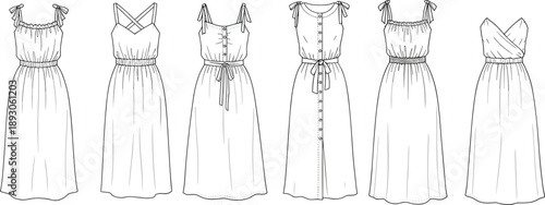 CAD drawing flat vector illustration of women’s summer dresses fashion template, front view, six styles, sleeveless, belted, smocked