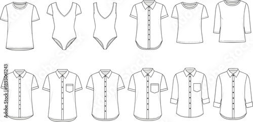 CAD drawing flat vector illustration of women’s tops and shirts fashion design template, t-shirt, bodysuit, collared button-up shirt styles