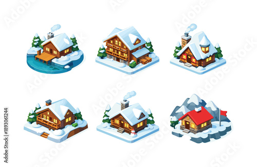 Colorful Snow Cottages. Snow Cottages and Lodges. Isometric flat vector icons set of Snow Cottages and Lodges: winter lakeside cabin, alpine wooden lodge, snow