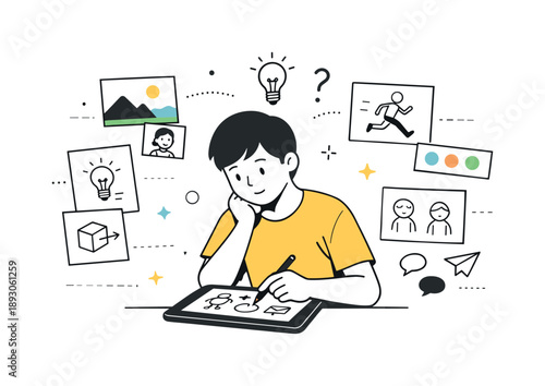 Creative Sketching Process. Digital art process. A person sketching ideas on a tablet while reference images and symbols appear nearby. Thoughtful exploration