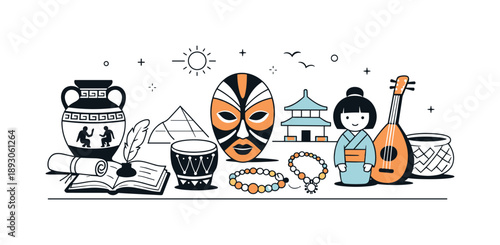 Cultural Heritage Artifacts. Cultural heritage flat design. Traditional objects and artifacts neatly arranged on a table, showing craftsmanship and cultural