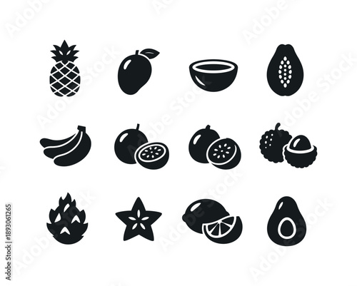 Tropical Fruit Icons. Tropical Fruits. Solid icon set of Tropical Fruits: pineapple, mango, coconut half, papaya, banana, passion fruit, guava, lychee, dragon