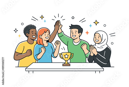 Teamwork Celebration. Multicultural team success. Team members celebrating a small achievement together. Positive energy, inclusion and teamwork spirit.