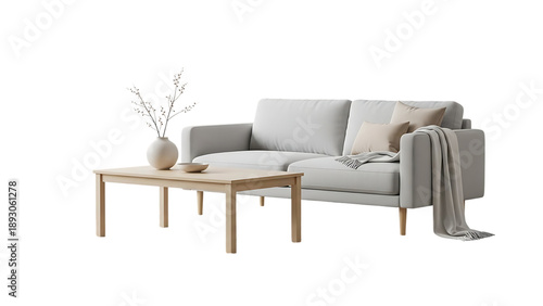 Minimal Living Room Interior Sofa Table And Decor On Isolated Transparent Background