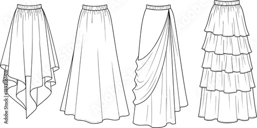 Cad drawing flat vector illustration of women's skirts, asymmetrical, draped, layered, technical sketch for fashion design, clothing front view