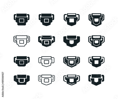 Toolbox Latch Logos. Toolbox latch. Icon set. Set Logo of toolbox latch: clasp mechanism with release button. harmonious logo variations of the same emblematic