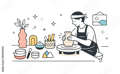 Artisanal Pottery Workshop. Artisanal home decor items craftsmanship. A calm workshop scene with a maker shaping pottery and finished decor pieces nearby,