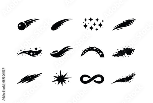 Astral Icon Set. Astral Trail. Solid icon set of Astral Trail: astral comet, glowing tail sweep, star particles, ether streak, space shimmer, celestial ribbon,