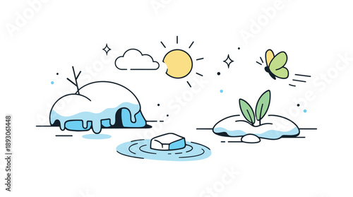 Winter's Gentle Transition. End of winter. A calm abstract scene with melting shapes and soft lines, suggesting the transition from cold to warmth. The mood