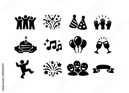 Black Celebration Icons. Celebration Togetherness. Solid icon set of Celebration Togetherness: group celebration, confetti burst, party hats, raised hands