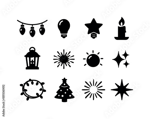 Festive Lights Icons. Holiday lights. Solid icon set of holiday lights: string lights, bulb icon, star bulb, candle flame, lantern silhouette, spark burst,
