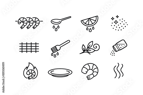Shrimp Skewer Icons. Shrimp skewers. Line icon set of shrimp skewers: shrimp outline trio, marinade spoon, lemon drip, seasoning puff, grill grid lines, oil
