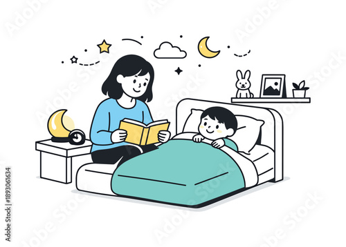 Bedtime Storytime Bliss. Bedtime routine scene. Parent reading a bedtime story to a child in bed, with a soft glow from a nightlight and calm decorative