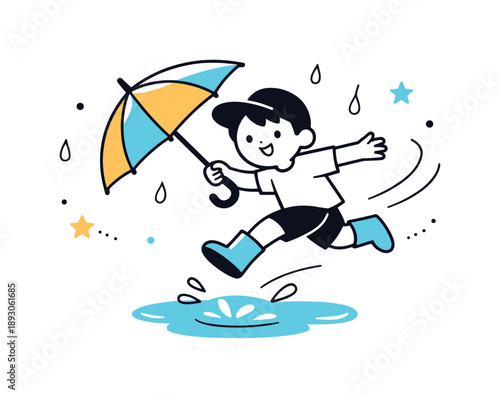 Joyful Puddle Jumping. Umbrella and rain elements. A childlike character jumping over a puddle with an umbrella tilted sideways, playful movement and