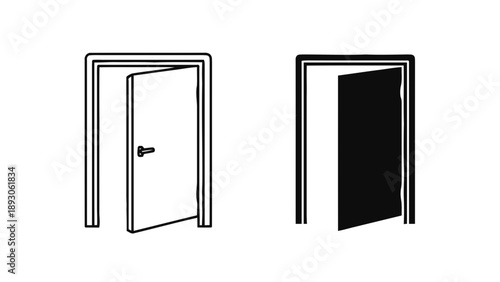 Vector illustration of two minimalist open door icons, one outlined and one solid, on transparent background