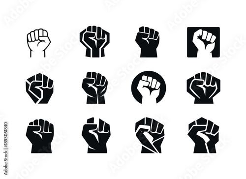 Expressive Hands Icons. Expressive hands. Icon set. Set Logo of expressive hands: raised fist. harmonious logo variations of the same emblematic concept, each