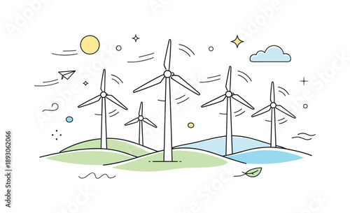 Calm Wind Farm. Wind farm scene. Tall wind turbines standing on rolling hills, slowly rotating under a calm sky. Clean renewable energy landscape with gentle