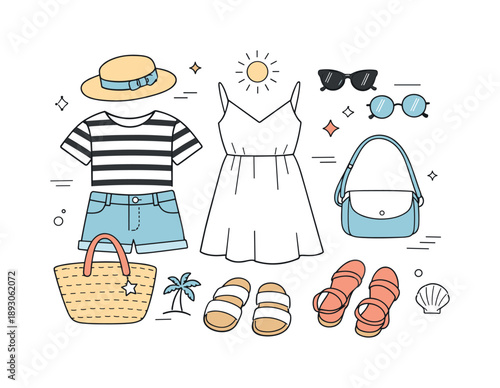 Summer Style Collection. Summer seasonal collection. Bright yet calm outfits, sunglasses, and bags arranged in a relaxed layout. The illustration suggests