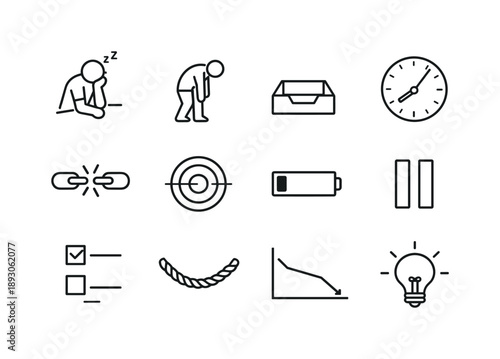 Icons of Disengagement. Work Disengagement. Line icon set of Work Disengagement: tired person, drooping posture, empty inbox, slow clock, broken connection
