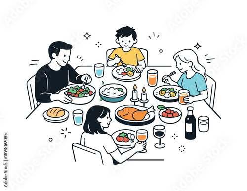 Warm Family Meal. Family dinner at home overview. A calm editorial scene showing a family sitting around a dining table enjoying a meal together, with plates,
