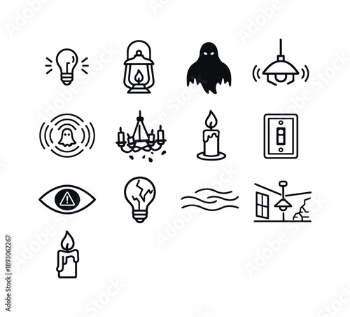 Haunted Light Icons. Haunted Flicker. Line icon set of Haunted Flicker: flickering bulb, spooky lamp, shadow silhouette, creaking light, ghost presence waves,
