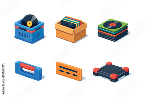Isometric Record Crate Icons. Record Crate. Isometric flat vector icons set of record crate: plastic vinyl crate, open top box, stacked LP records, side