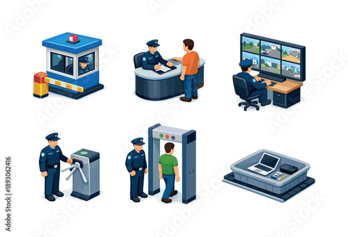 Security Guard Icons. Security guards monitoring properties. Isometric flat vector icons set of Security guards monitoring properties: guard station booth,
