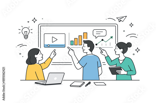 Collaborative Digital Creativity. Interactive media. A small group collaborating around a digital display, pointing at dynamic charts and media elements. The