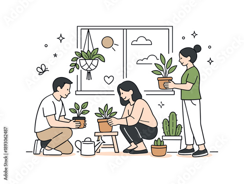 Indoor Gardening Harmony. Indoor gardening people. A small group arranging potted plants near a window, capturing a peaceful moment of teamwork and connection