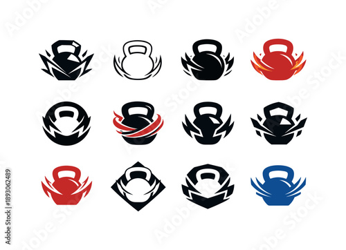 HIIT Logo Variations. HIIT workout. Icon set. Set Logo of HIIT workout: kettlebell with dynamic energy arcs. harmonious logo variations of the same emblematic