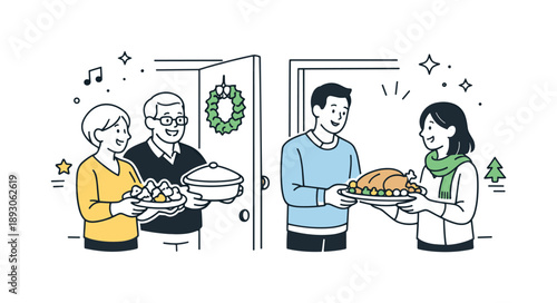 Festive Food Exchange. Neighbors sharing holiday food together. Neighbors standing by an open door, exchanging plates and smiling warmly. Friendly generosity
