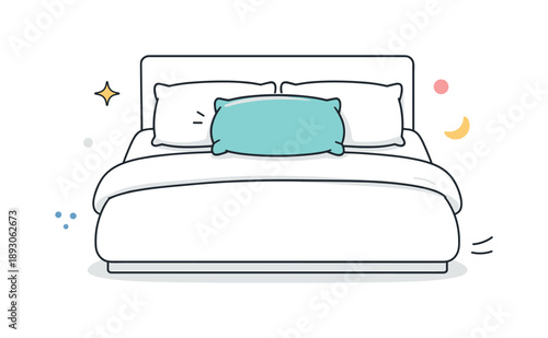 Cozy Bedding Scene. Extra pillow on a bed. A neatly made bed with an additional pillow placed on top of standard bedding, adding comfort and coziness. Calm,